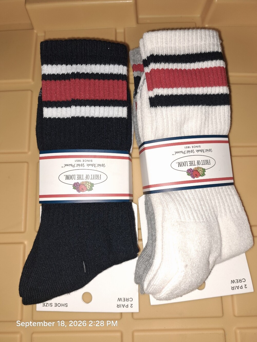 Fruit of the Loom Men’s Crew Socks - Black & White with Red Stripe (2-Pack)